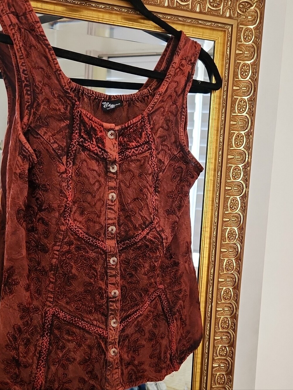 Embroidered Button-Front Tank Top in Rust